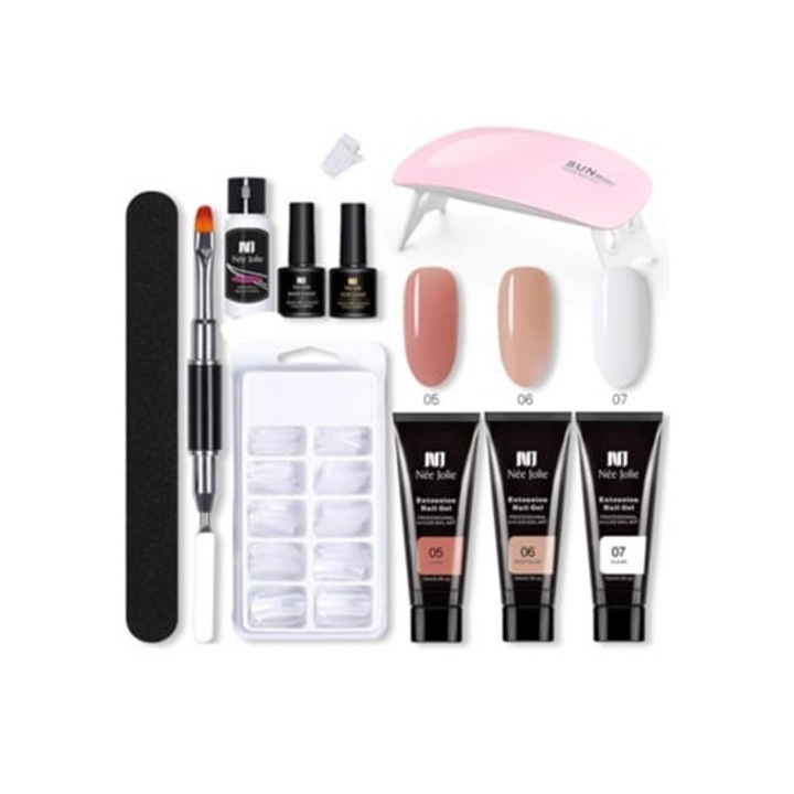 Set de lac de unghii extensibil, gel de extensie cu pensula dubla, cristal, set