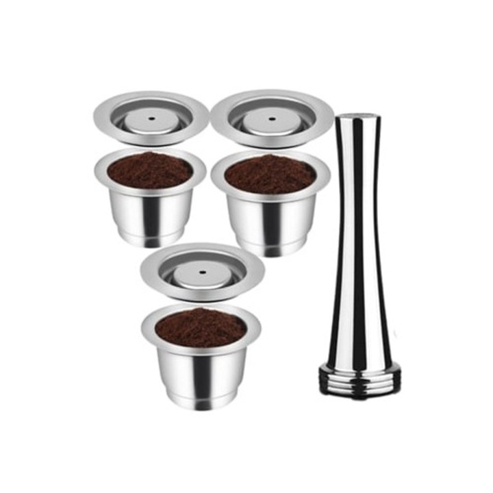 Set 3 capsule reutilizabile/tamper cafea, inox, pentru Nespresso Expert C80