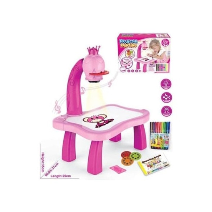 Set de pictura cu proiector LED pentru copii, roz, 30x40cm