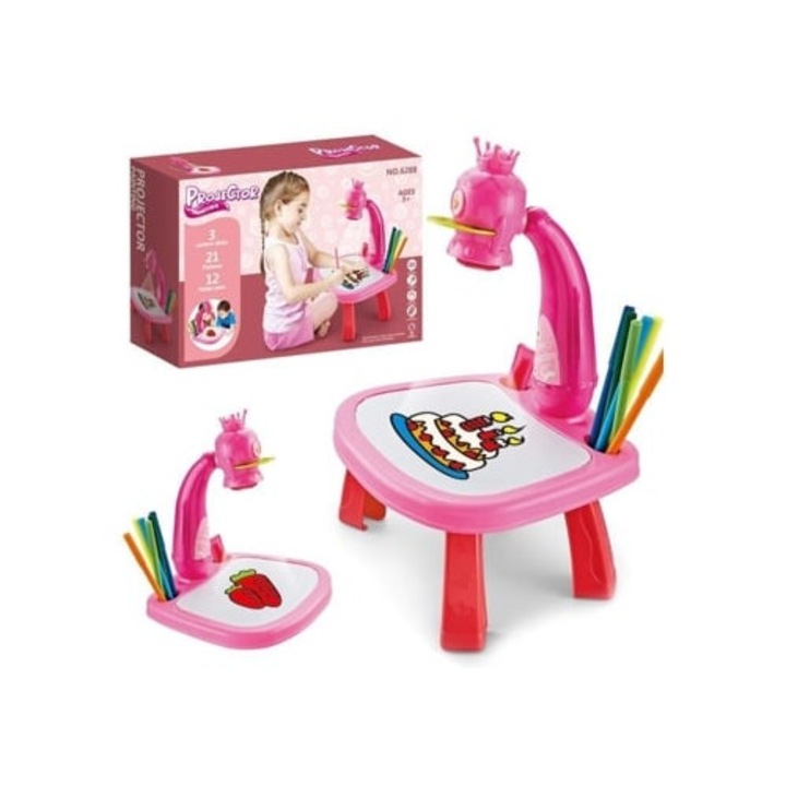 Masa de pictura cu proiector LED pentru copii, jucarie educativa muzicala, roz, set cu cutie