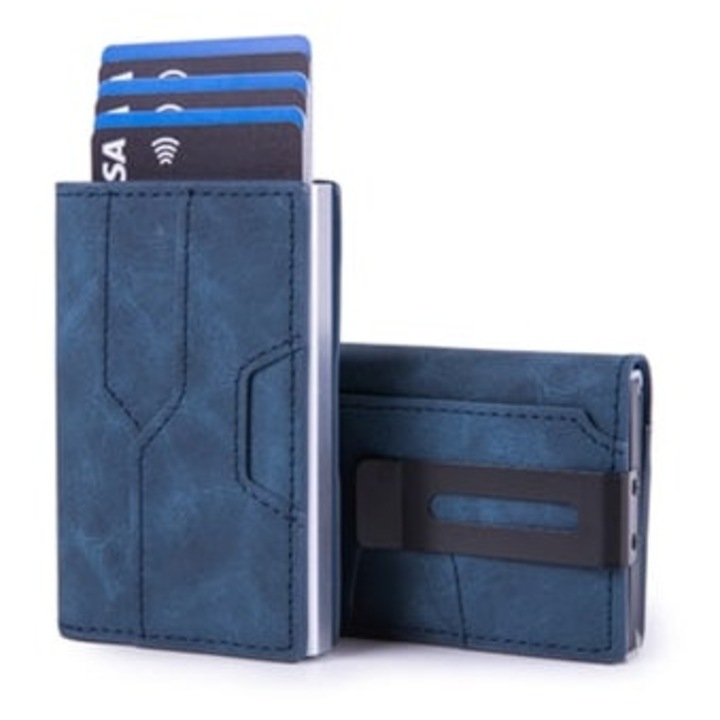 Portofel barbati, ultra-subtire, din aliaj de aluminiu, cu functie de blocare RFID, albastru