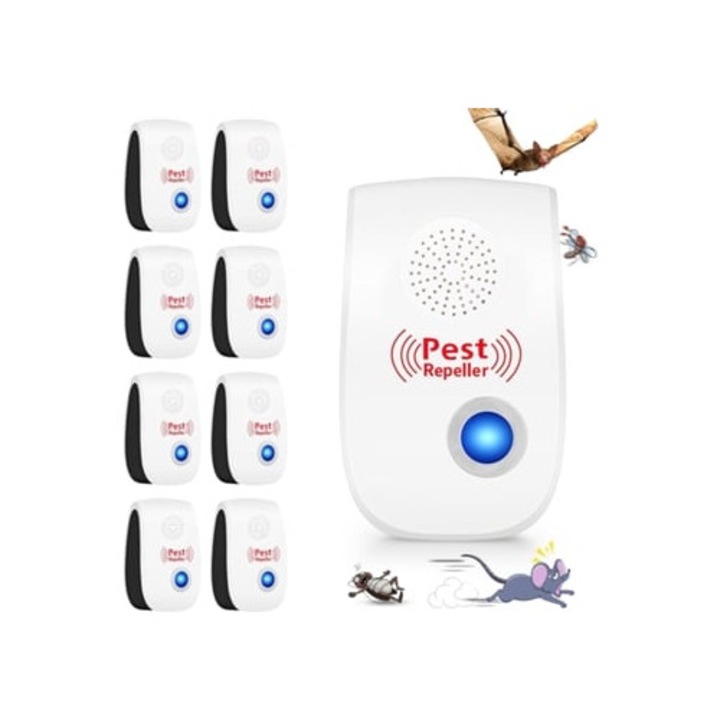 Repelent ultrasonic pentru rozatoare si insecte, set de 8 bucati, alb