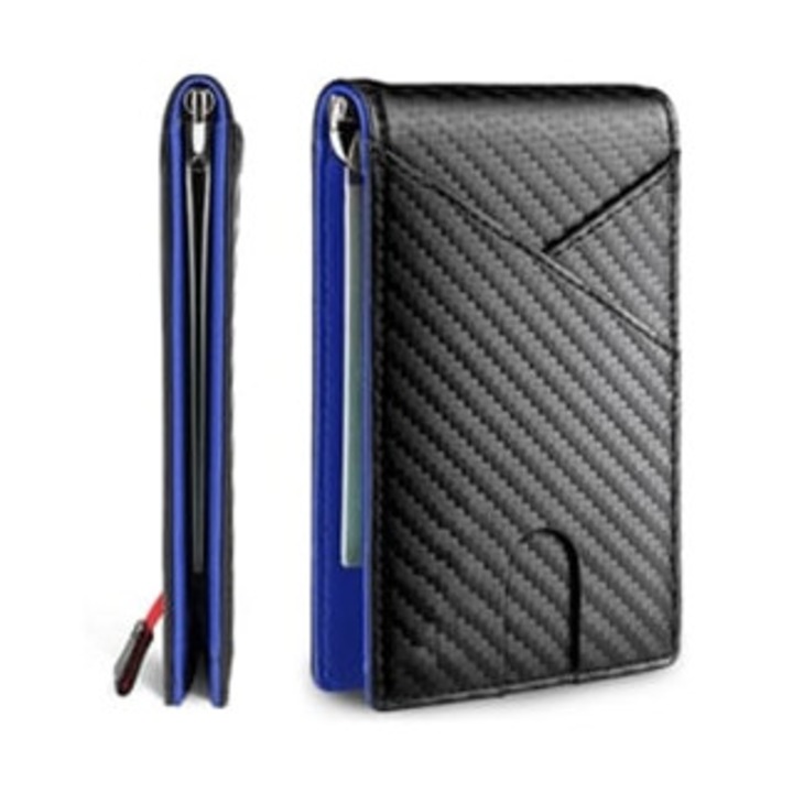 Portofel barbati, card holder, RFID, fibra de carbon, albastru