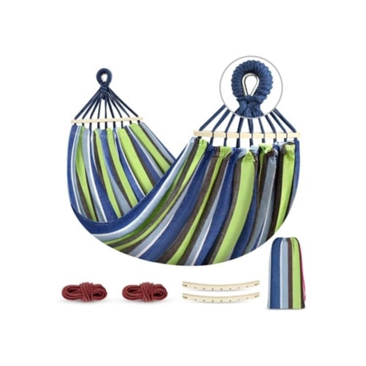 Hamac portabil pentru camping, Gertiz, anti-rasturnare, albastru si verde, 220x150cm