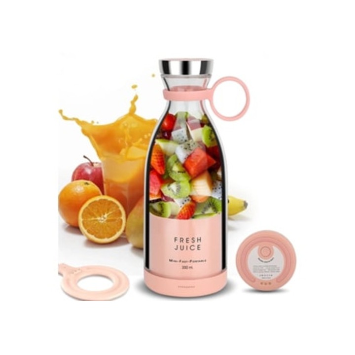 Blender personal 350ml, storcator de fructe si legume, incarcator magnetic, roz