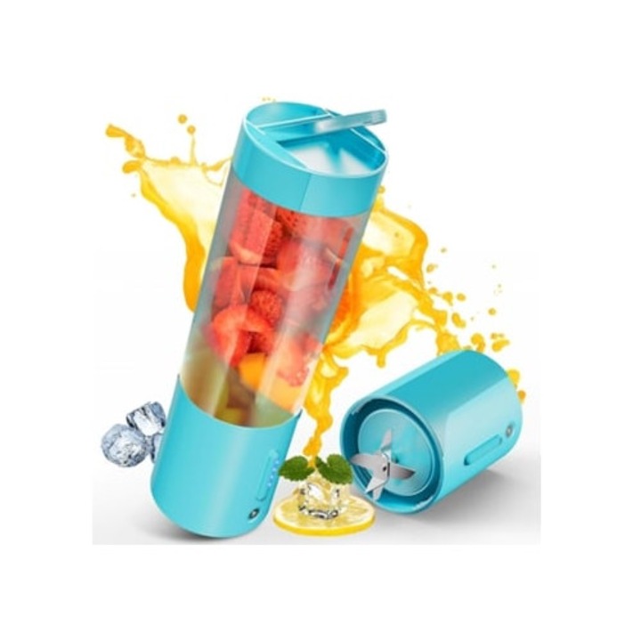 Преносим блендер, 450 мл, 6 ултра остри остриета, USB презареждаем, син