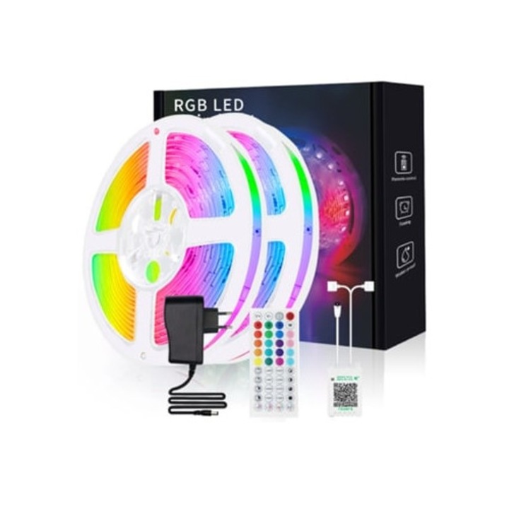 Banda LED decorativa 20m 5050 cu 18 LED-uri, control Bluetooth, telecomanda cu 44 de taste