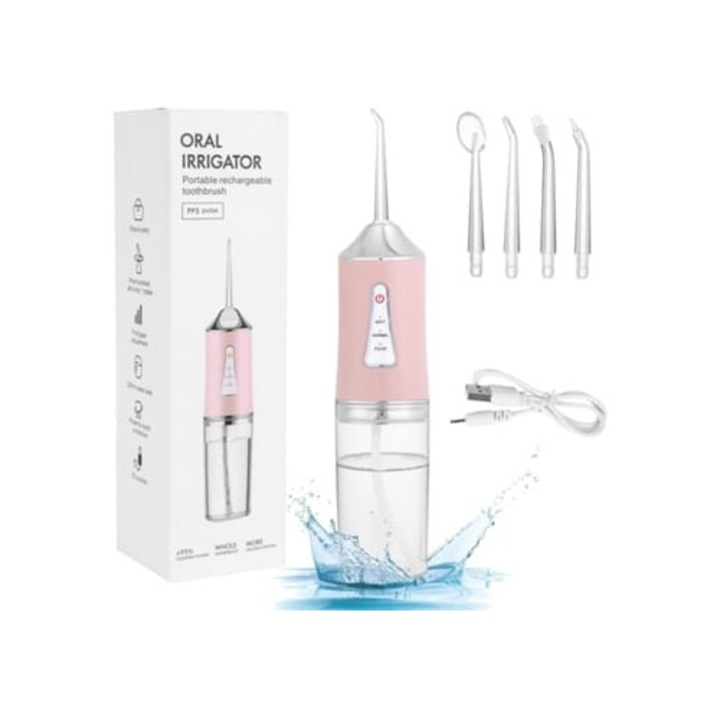 Irigator bucal portabil pentru curatarea dintilor si indepartarea petelor, alb-roz, Gertiz