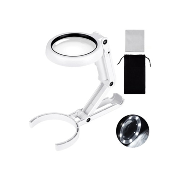 Lupa pliabila cu 8 LED-uri, 5x 11x, pentru citit carti si monede, multicolor