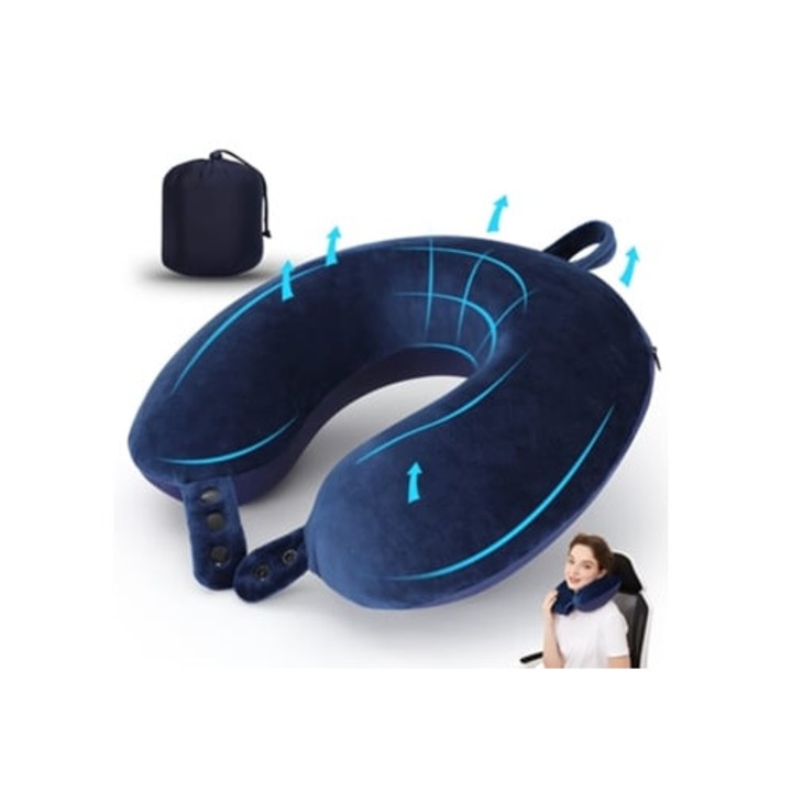 Пътна възглавница от мемори пяна GERTIZ, синя, за врат, комплект