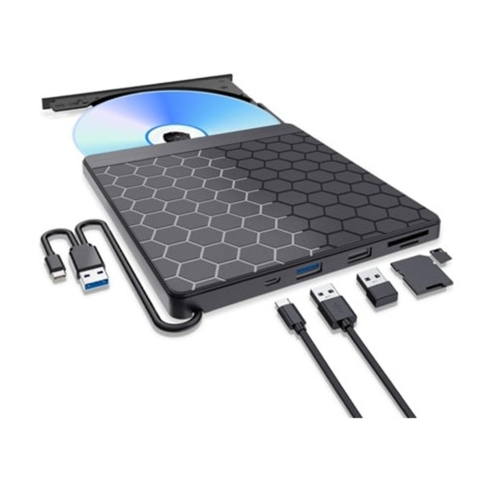 Unitate optica externa, DVD Drive, 2 porturi USB, 2 sloturi TF/SD, pentru laptop, PC, 30x15x5cm