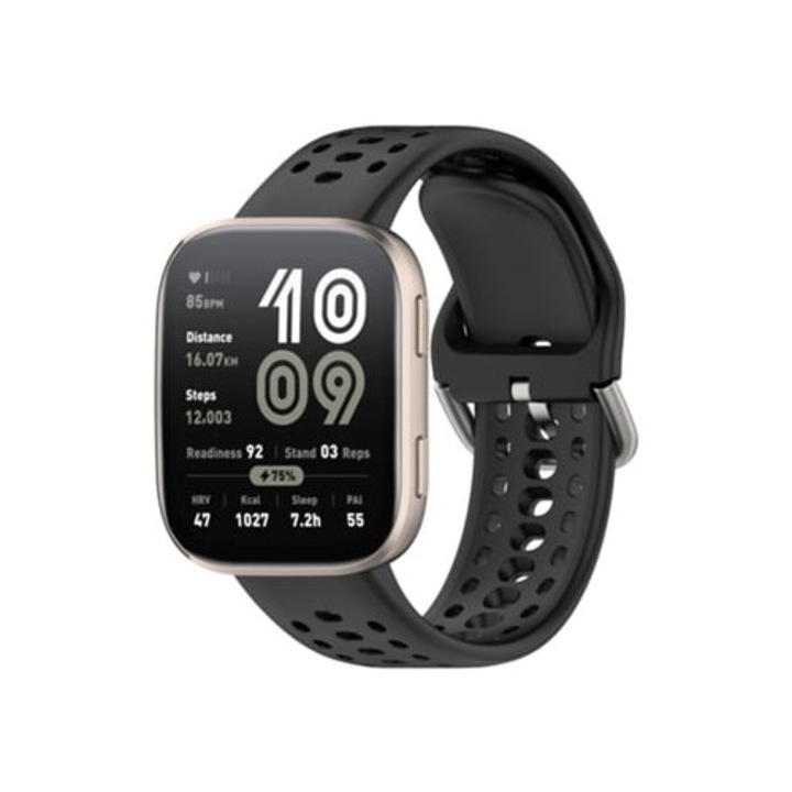 Szíj Amazfit Bip 6-hoz, 22mm, légáteresztő szilikon, fekete