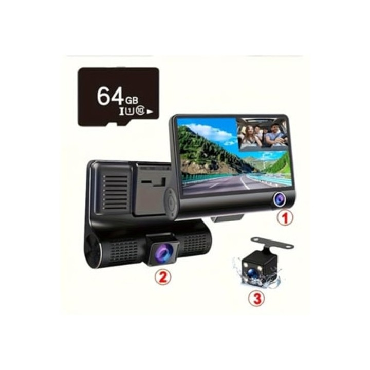 Camera auto DVR 3 lentile, noapte, montare cu ventuza, card 64g