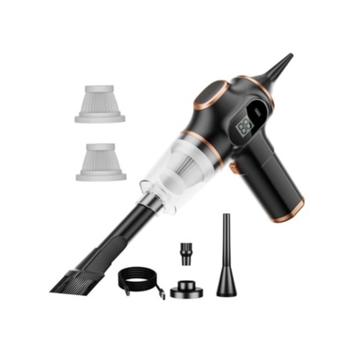 Aspirator auto GERTIZ Mini cu display digital, 120W, 2 filtre, negru