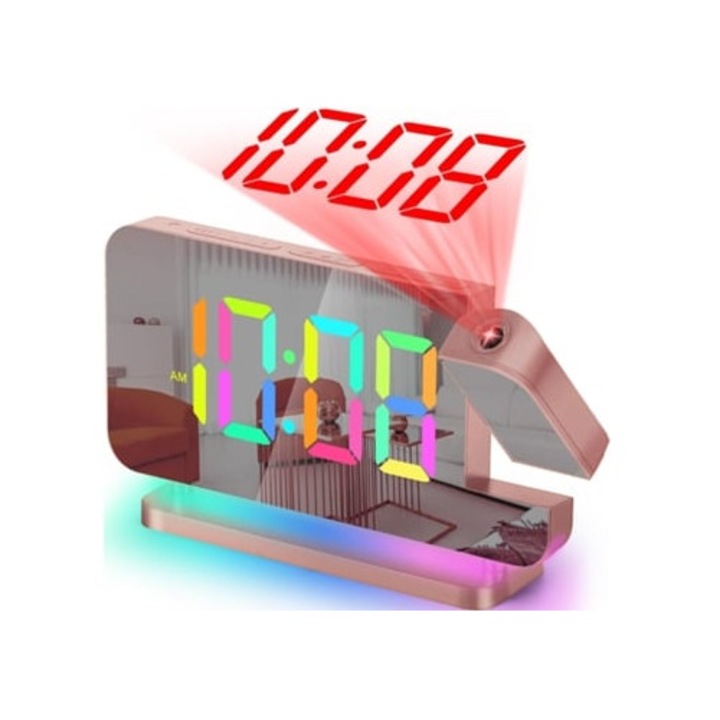 Dekoratív LED projekciós óra, rózsaarany, kompakt méretek