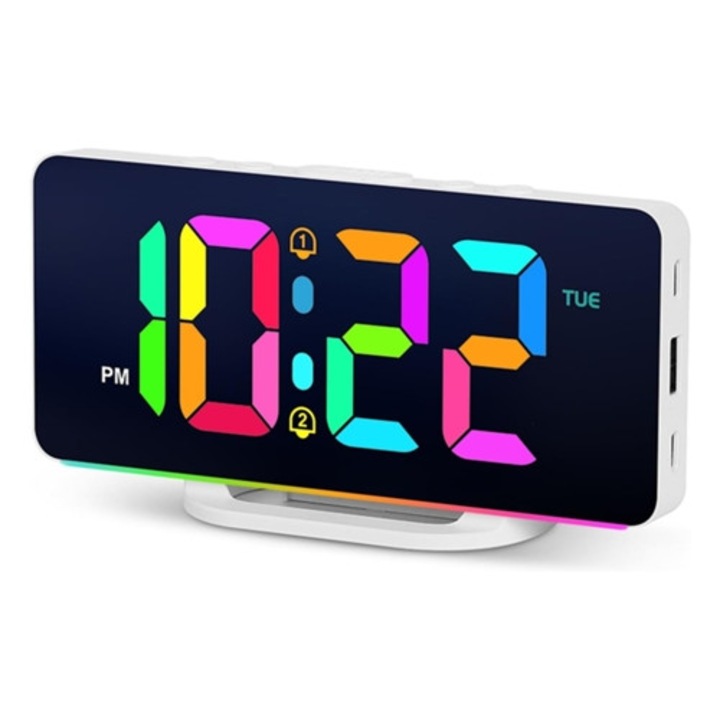 Gertiz dekoratív óra kettős ébresztővel, színes éjszakai fénnyel, nagy méret, USB C töltés