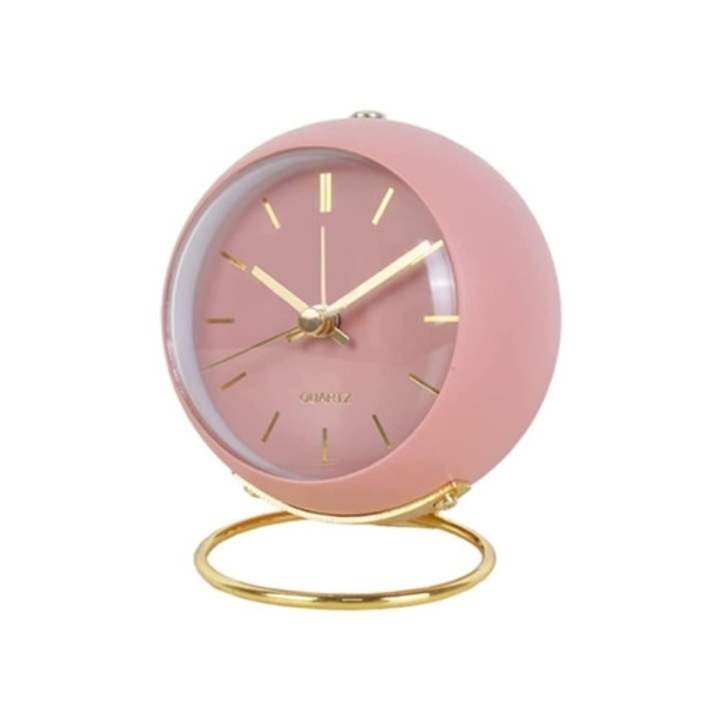 Ceas decorativ retro analog, cu lumina de noapte, roz, dimensiuni mici
