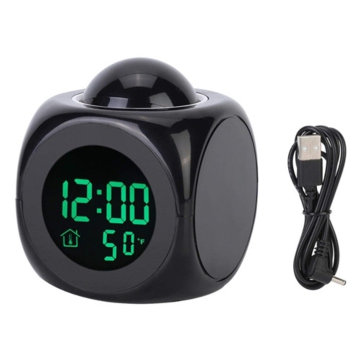 Ébresztőóra projekcióval, fekete, hőmérséklet kijelzővel