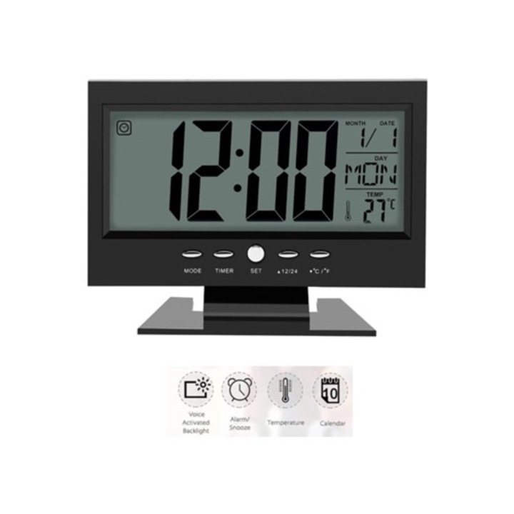 Gertiz asztali óra riasztóval, naptárral és hőmérséklet kijelzővel, fekete