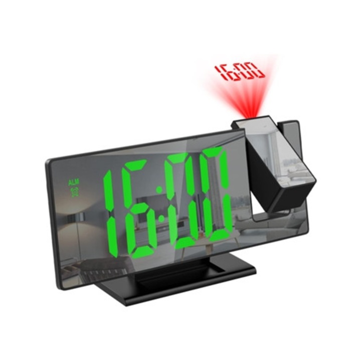 Ébresztőóra projekcióval, 180°-ban forgatható, digitális tüköróra, zöld, 7.8 hüvelyk