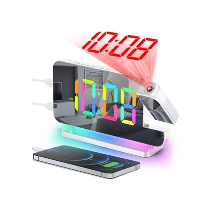 LED projekciós dekoratív óra, Gertiz, digitális, tükör, fehér RGB fény