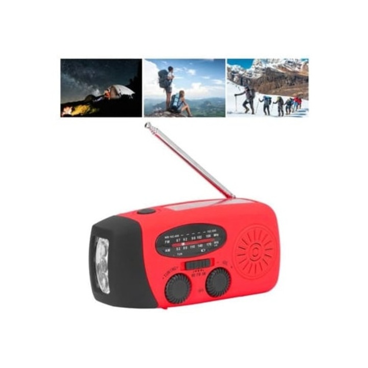 Преносимо радио с часовник, GERTIZ, червено, с LED фенерче и манивела