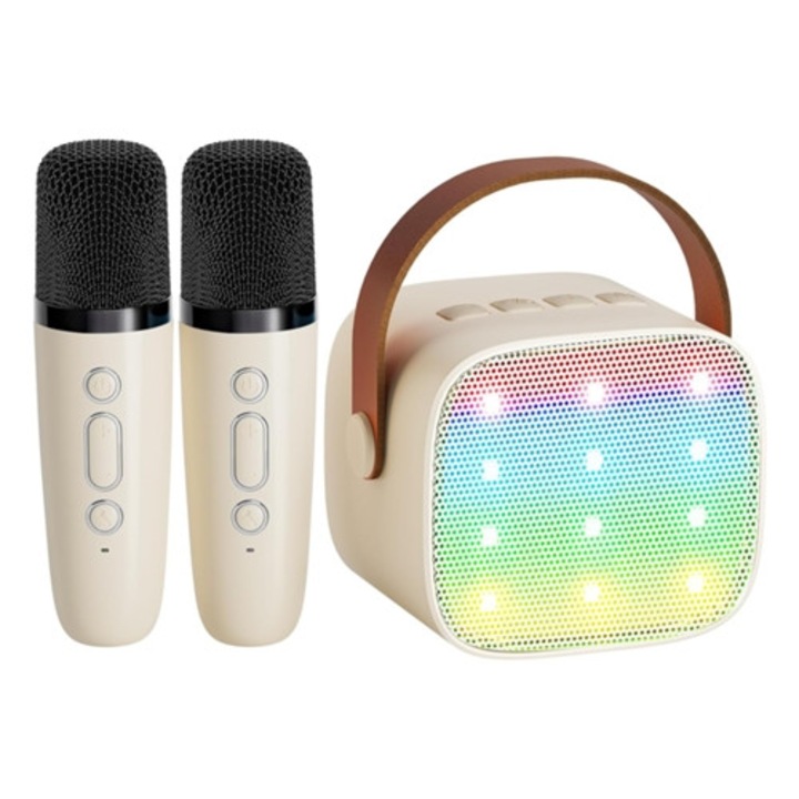 Mini masina de karaoke portabila cu 2 microfoane wireless, difuzor Bluetooth, alb
