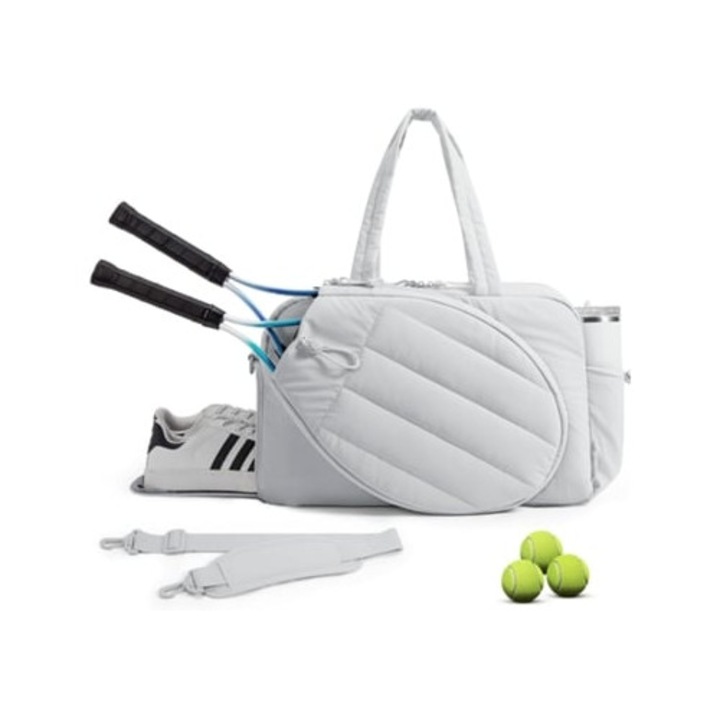Geanta de tenis, capacitate mare, pentru 2 rachete, compartiment pentru incaltaminte, gri