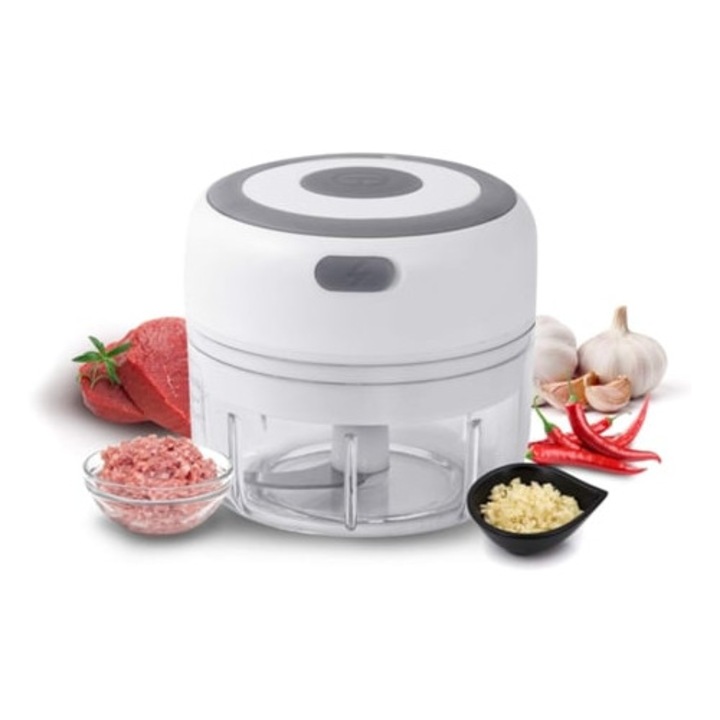 Mini elektromos aprító, 250 ml, fehér, darált húshoz, zöldségekhez, aprított gyümölcsökhöz, hagymához, fokhagymához