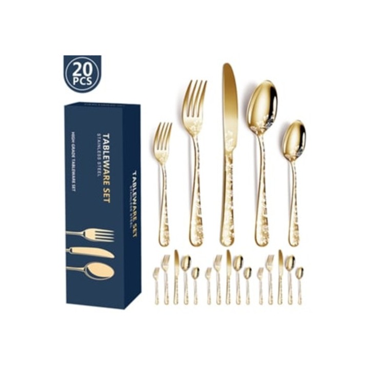 Комплект прибори за хранене от неръждаема стомана с флорален десен, 20 части, златни
