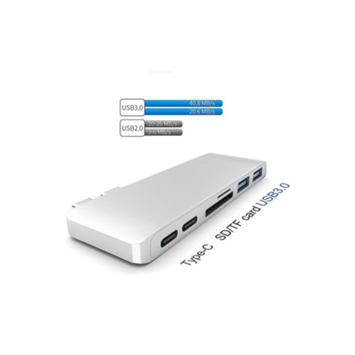 Hub USB Type C 6 az 1-ben, dupla portos adapter, gyors adatátvitel