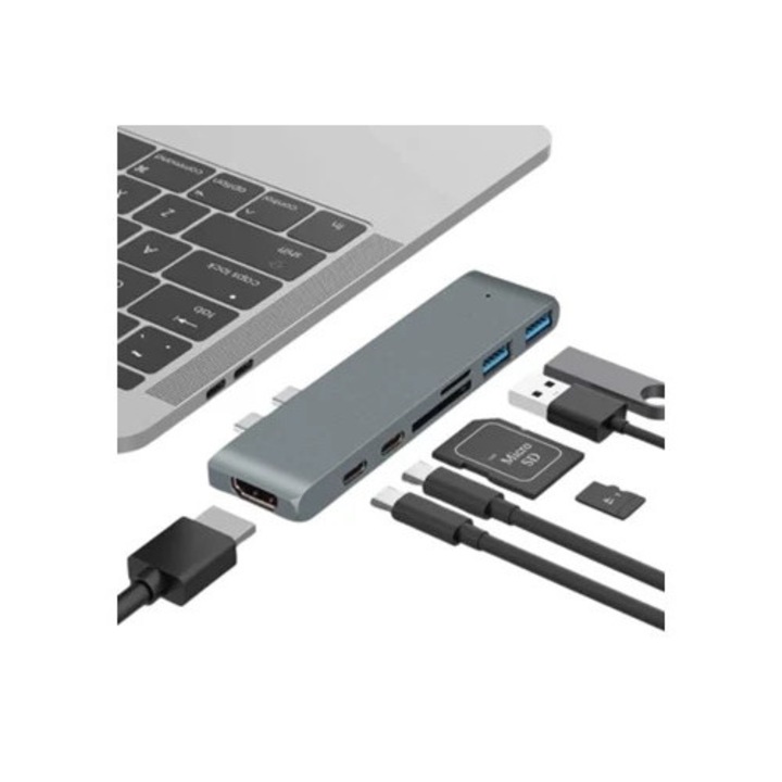 USB-C elosztó, Thunderbolt, Micro SD, HDMI, szürke, Macbook Air 13 2020-hoz