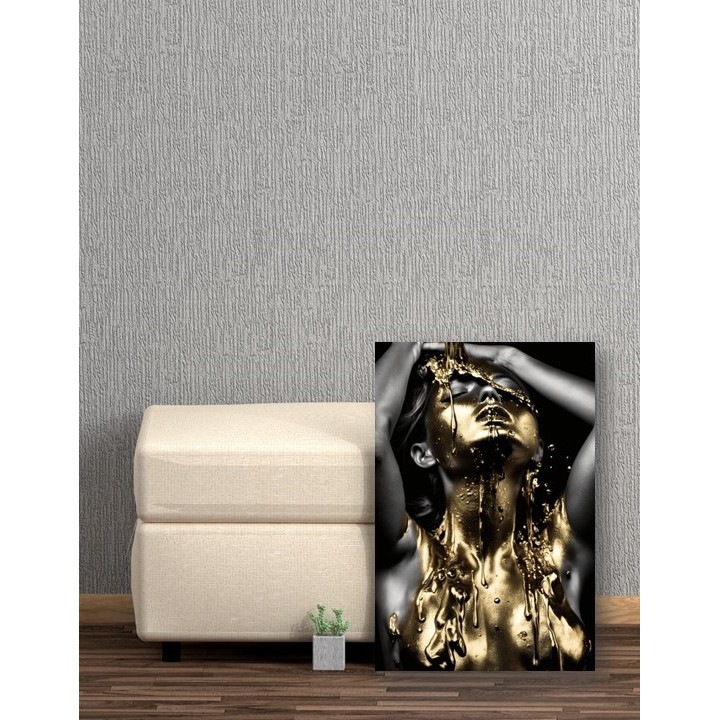 Tablou Canvas Modern, Liquid Gold Woman, Texturi Aurii Reliefate prin Lac Selectiv, Arta Moderna Glamour, Canvas pe Sasiu de Lemn, 40x60cm