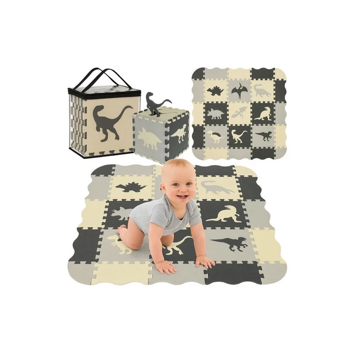 Covoras puzzle din spuma, model dinozauri, impermeabil, grosime 1 cm, 106x106 cm, gri/galben