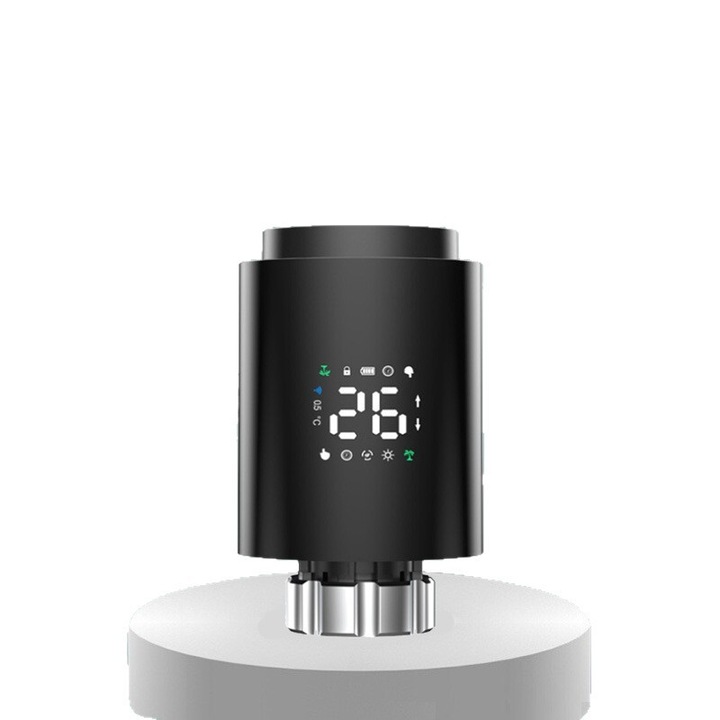 Cap termostat smart pentru calorifere, Rqiurpn, control prin aplicatie, moduri multiple, programabil, negru