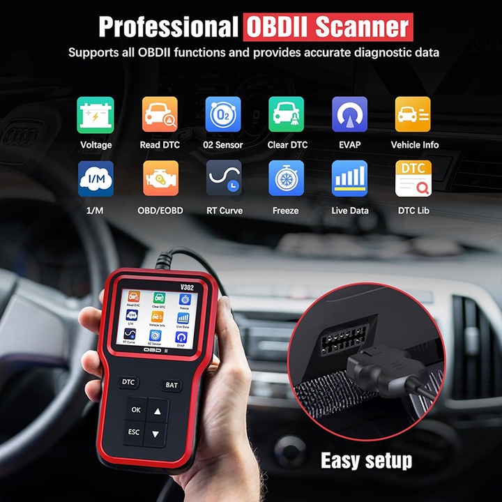 Autódiagnosztikai teszter, Rqiurpn, OBD2, kompakt kialakítás, hibakódok olvasása/törlése, LCD képernyő, piros