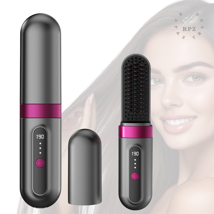 Електрическа четка, преса за изправяне на коса, безжична, 35W, бързо загряване, 3 температурни степени 160-180-199 градуса, керамично покритие с естествени масла, 232 грама, преносима. Type-C акумулатор, преносима и компактна, RPZ SmoothGo