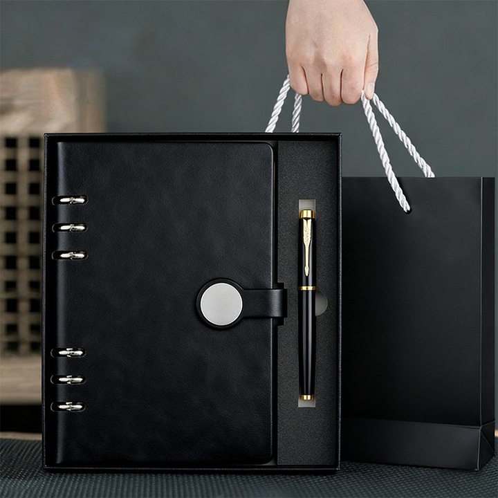 Agenda A5，Set Premium A5 - Agenda + Pix Metalic + Punga Cadou - Jurnal Agenda refilabila cu foi inlocuibile - Ideal pentru Cadouri Corporate, Studenti, Profesionisti, Scriitori sau Sefi, Negru