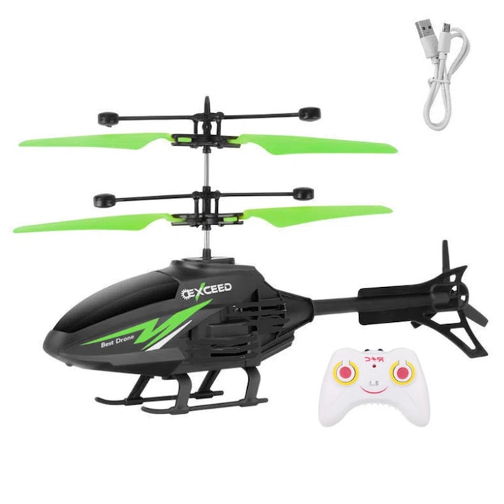 Elicopter telecomandat, verde, 22x14.5x5cm, LED, usor de operat