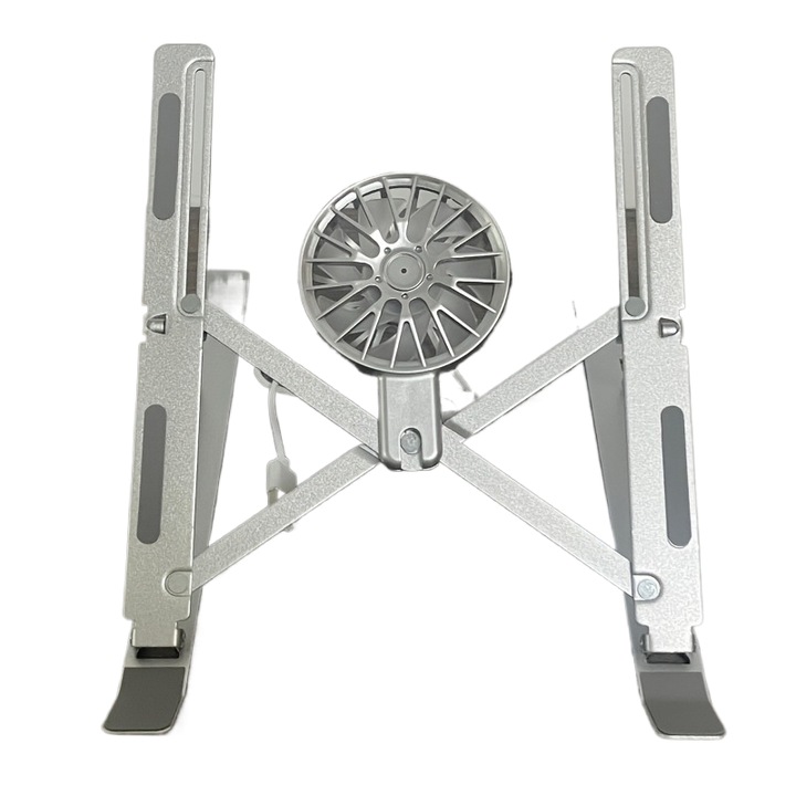 Suport Reglabil pentru Laptop cu Ventilator si Suport, din Aluminiu, Pliabil, Inaltime Reglabila, Argintiu