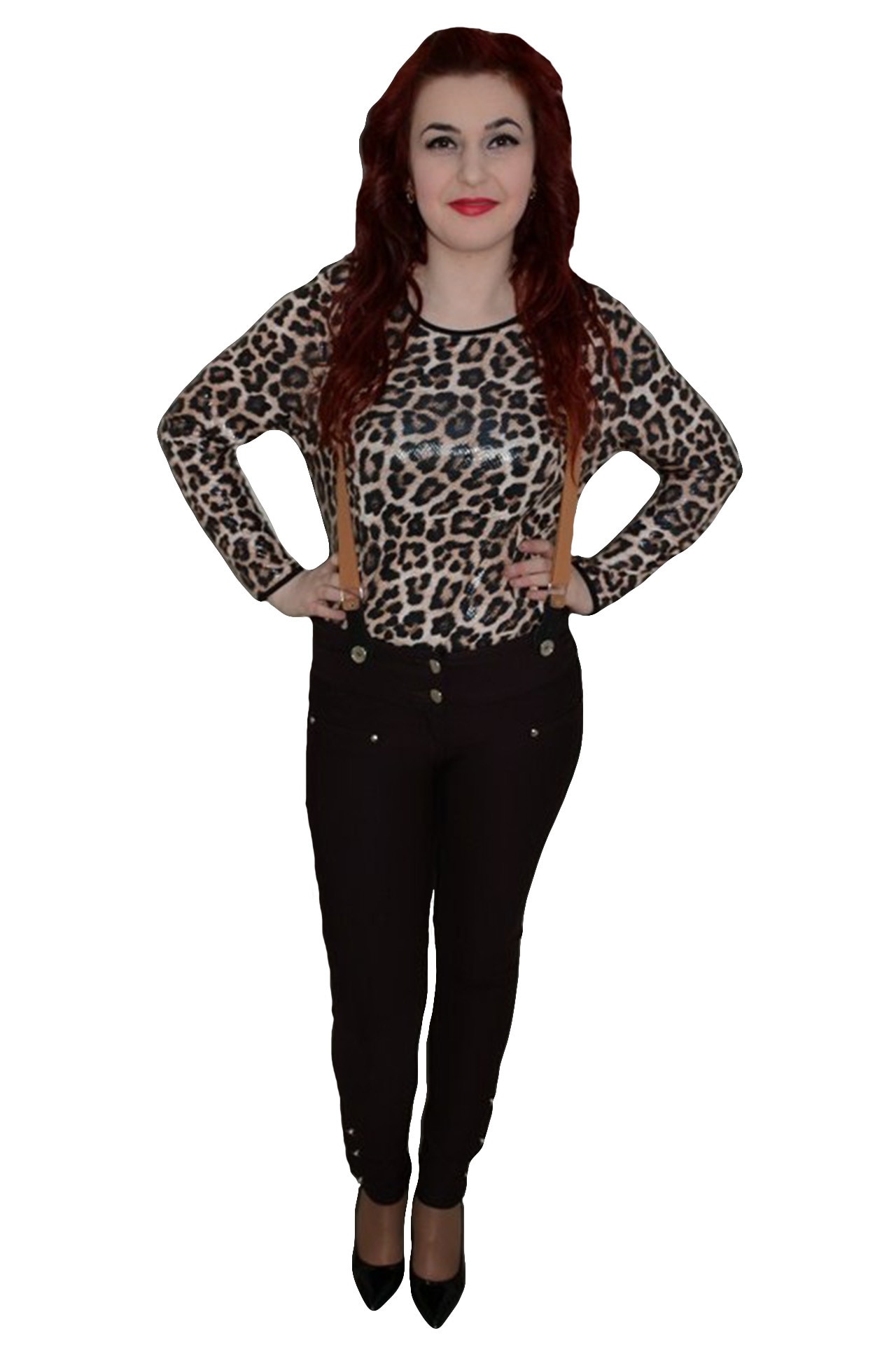 Pantaloni moderni, croiala tip pana si bretele , D&J Exclusive, Maro, 38