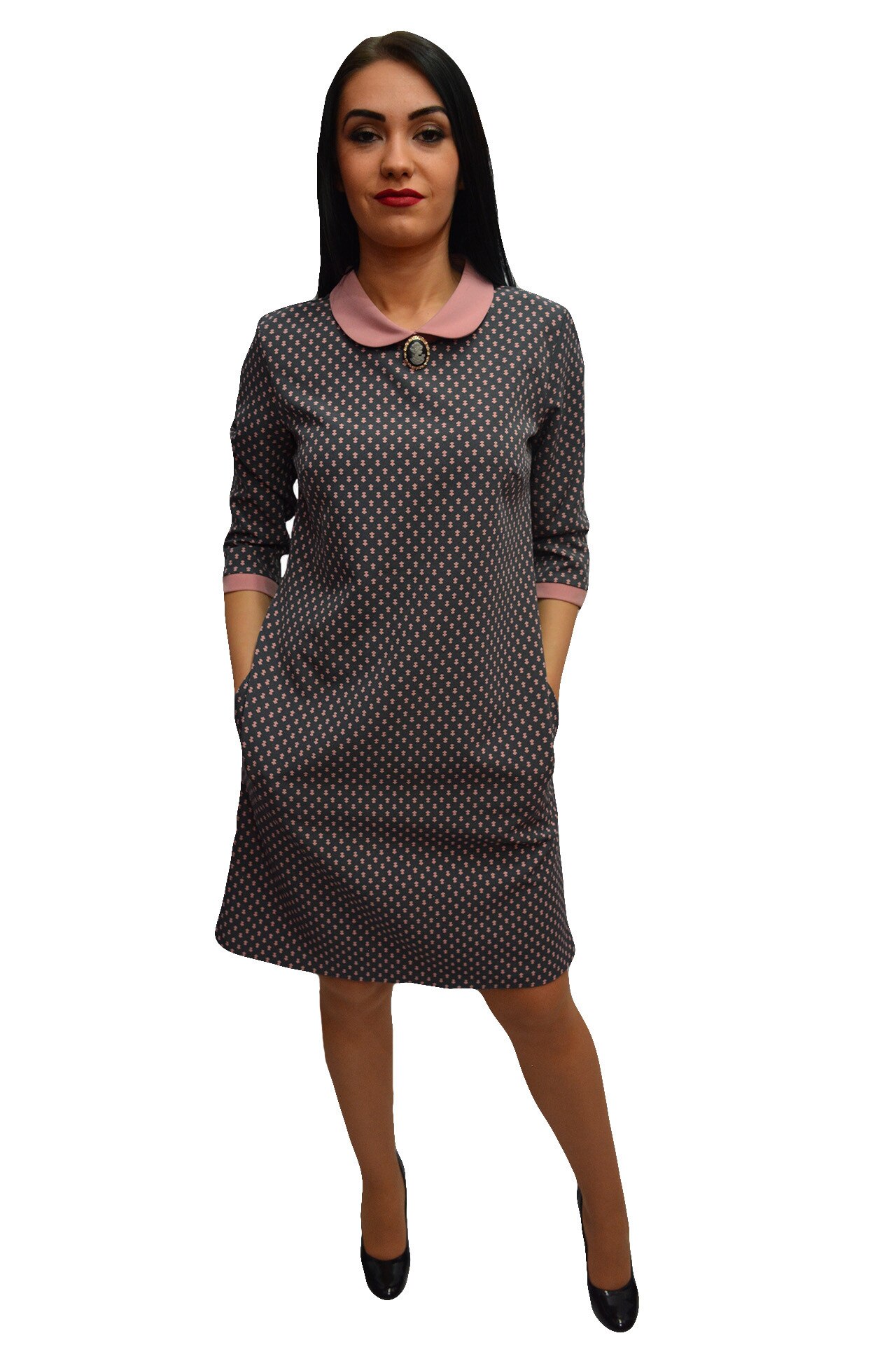 Rochie casual cu imprimeu si guler mic,masura mare,D&J Exclusive, Gri/Roz