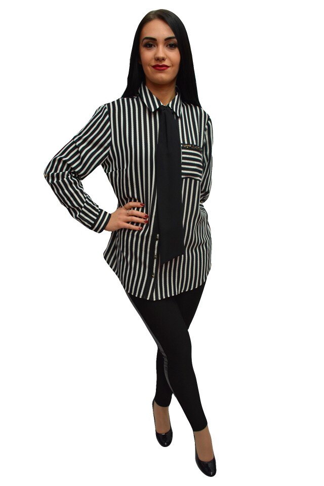 Camasa deosebita cu design de dungi si guler mic,masura mare,D&J Exclusive, Alb/Negru