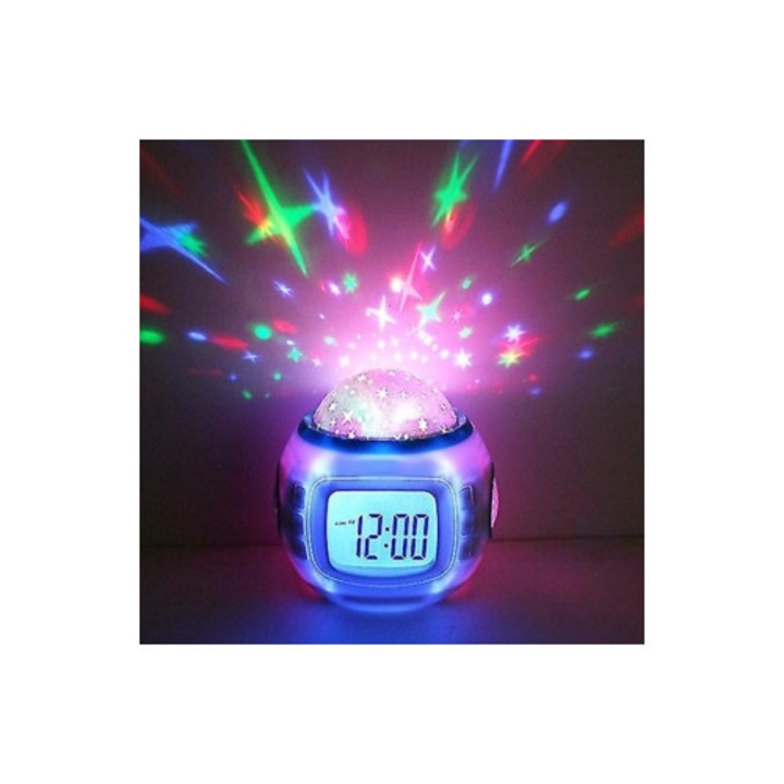 Gyermek dekoratív óra, csillagos ég projektor, zenei fény, ébresztő funkció, Slowmoose