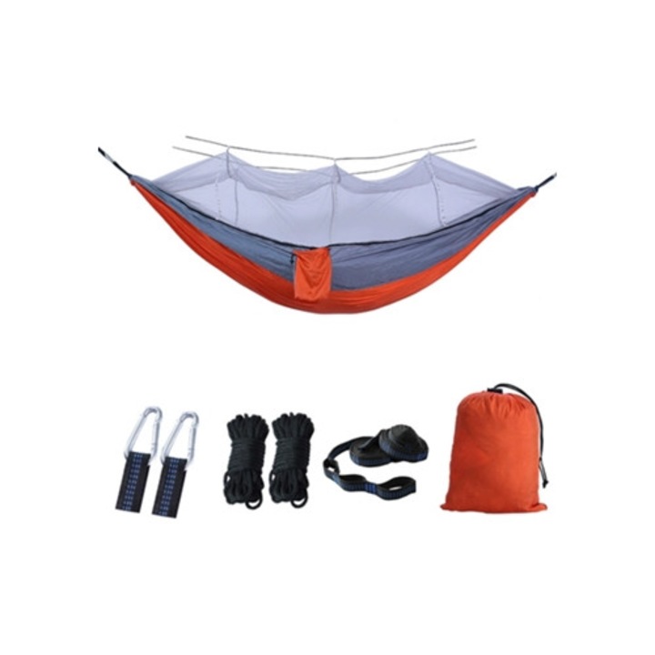 Къмпинг хамак с мрежа против комари, 260x140см, оранжев и сив