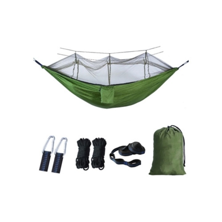 Къмпинг хамак с мрежа против насекоми, 260x140см, светло армейско зелено