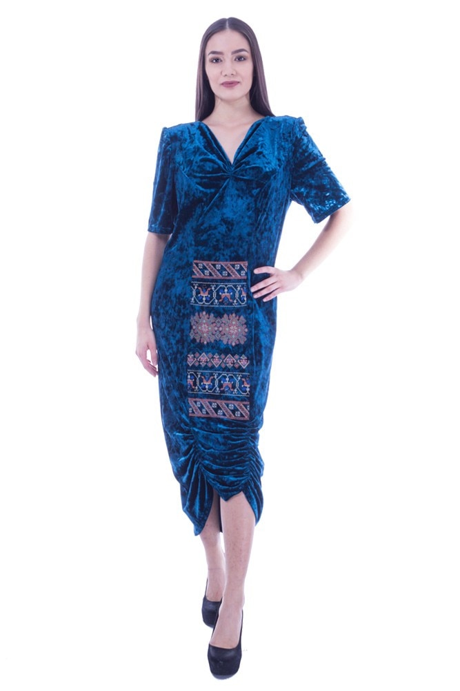 Rochie catifea turcoaz cu broderie Liza Panait G-2916E