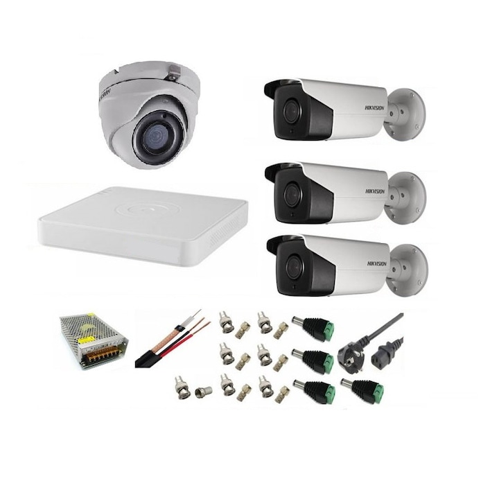 Sistem supraveghere video profesional exterior 4 camere 2MP Turbo HD 40m IR full accesorii accesorii, internet