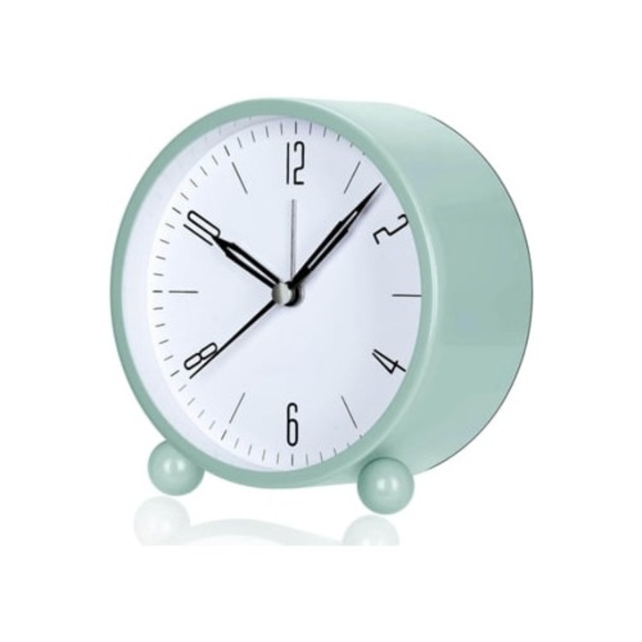 Dekoratív ébresztőóra csendes ébresztéssel, éjszakai fénnyel, egyszerű design, zöld-fehér, elemmel működik