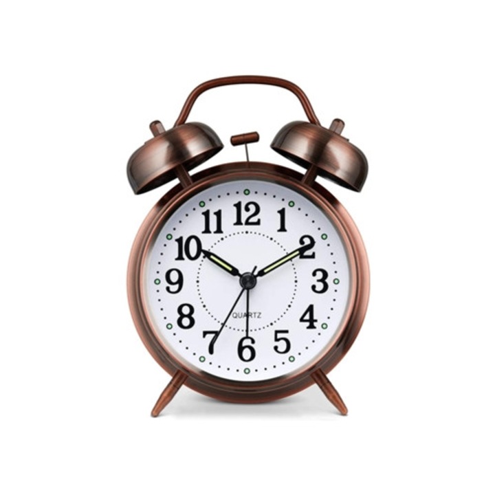 Fém dekoratív óra dupla csengővel, csendes, vörösesbarna, elemmel működik